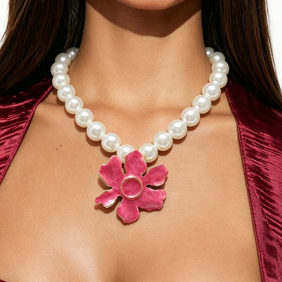 Romantic Green Enamel Flower Faux Pearl Necklace