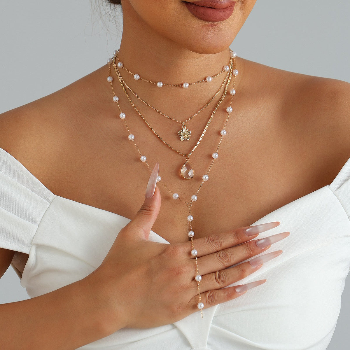 Classy Layered Faux Pearl Teardrop Y-Necklace