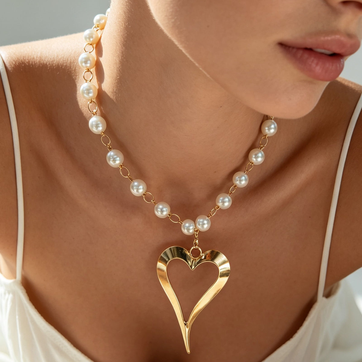 Classy Faux Pearl Open Heart Necklace