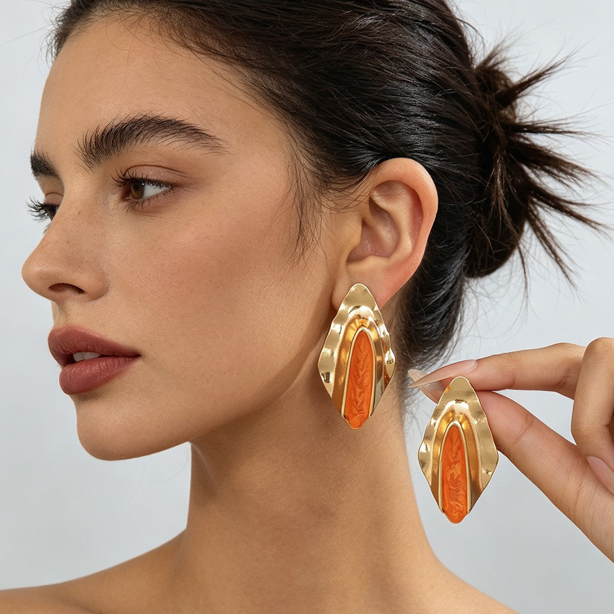 Classy Hammered Orange Geometric Stud Earrings