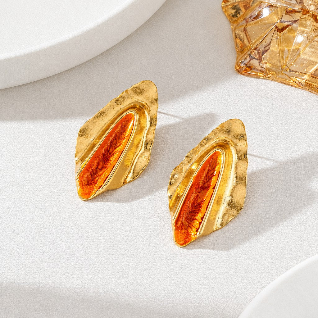 Classy Hammered Orange Geometric Stud Earrings