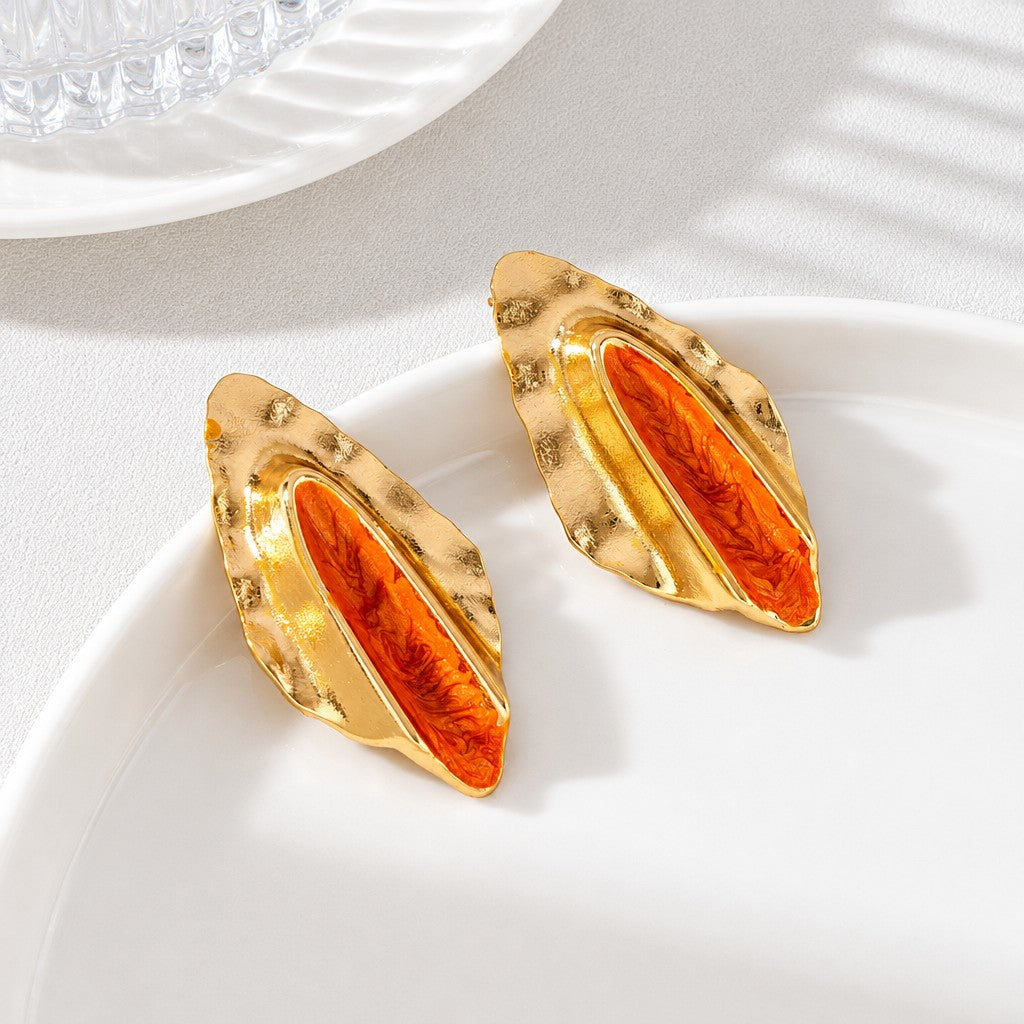 Classy Hammered Orange Geometric Stud Earrings
