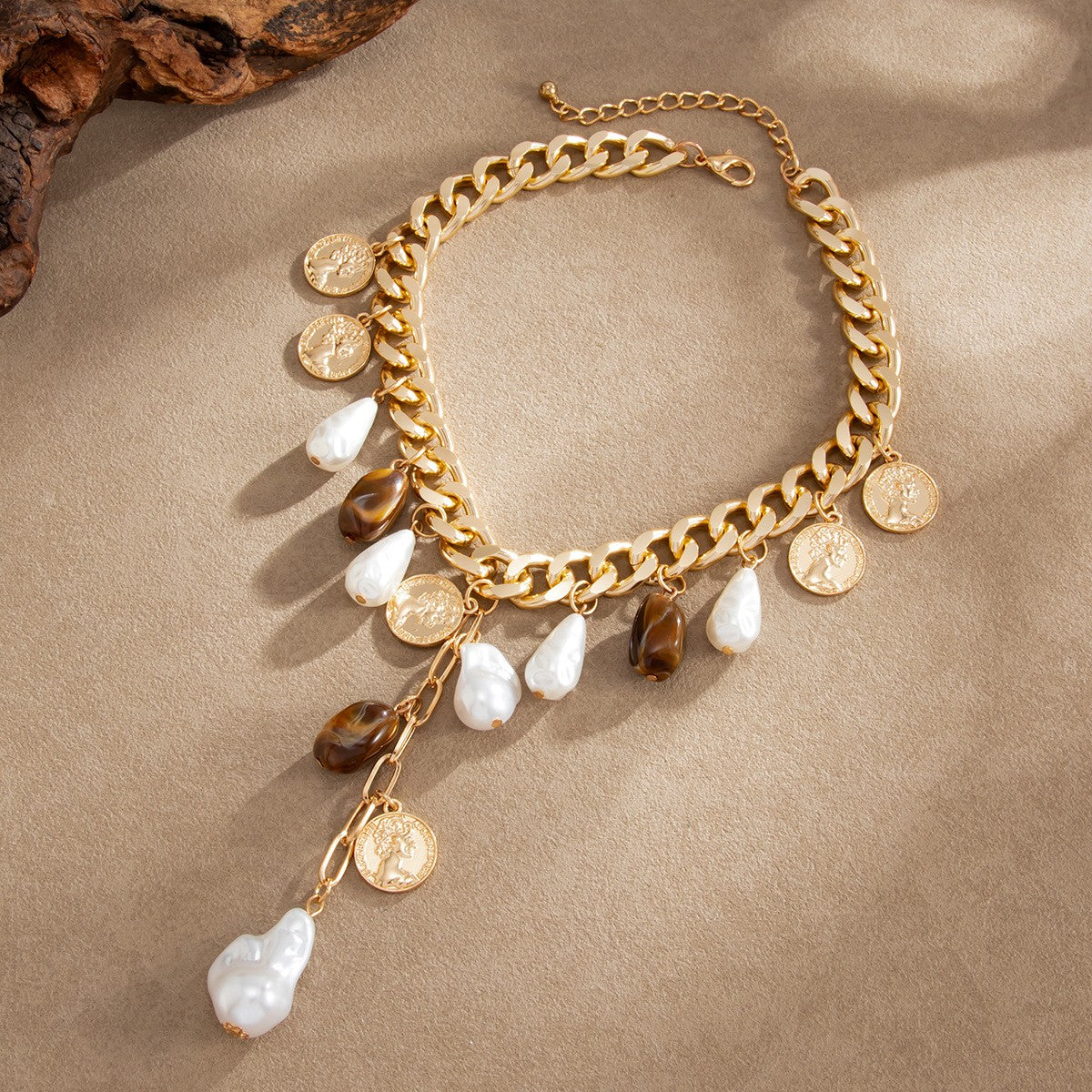 Classy Vintage Coin & Faux Pearl Necklace
