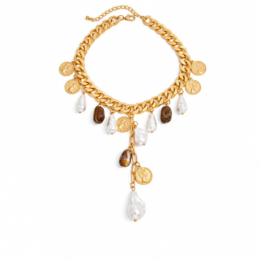Classy Vintage Coin & Faux Pearl Necklace