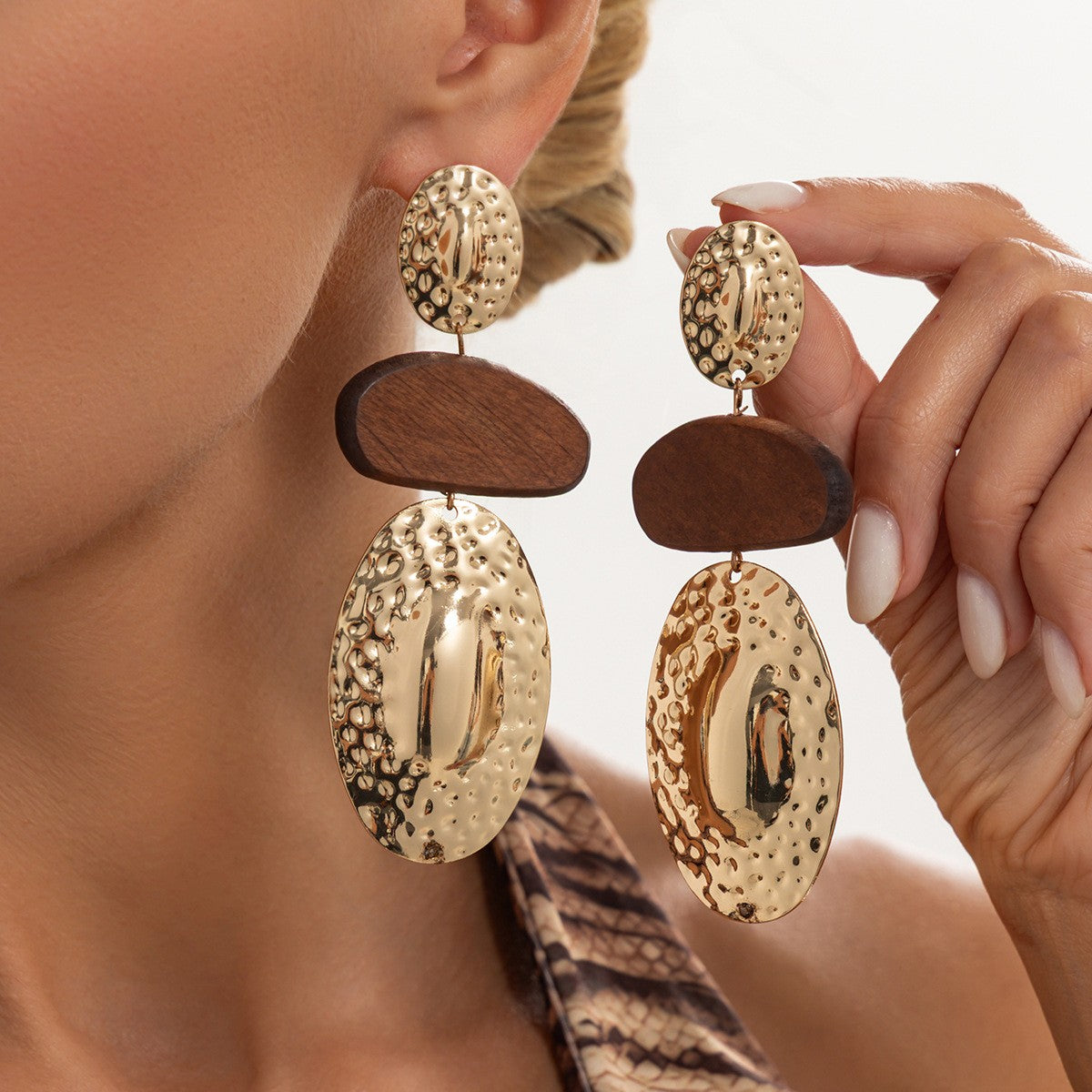 Boho Hammered Wood Oval Drop Earrings