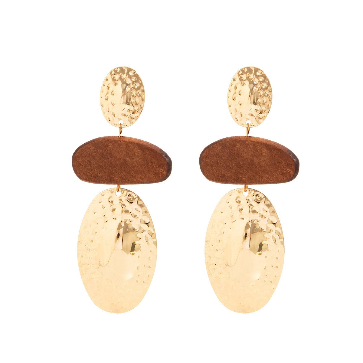 Boho Hammered Wood Oval Drop Earrings