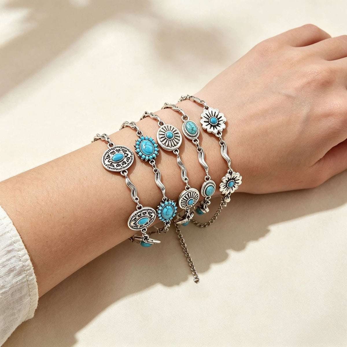 Vintage Boho Turquoise Flower Bracelet Set