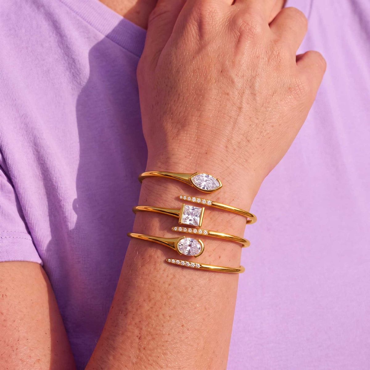 Classy Geometric CZ Open Bangle Set
