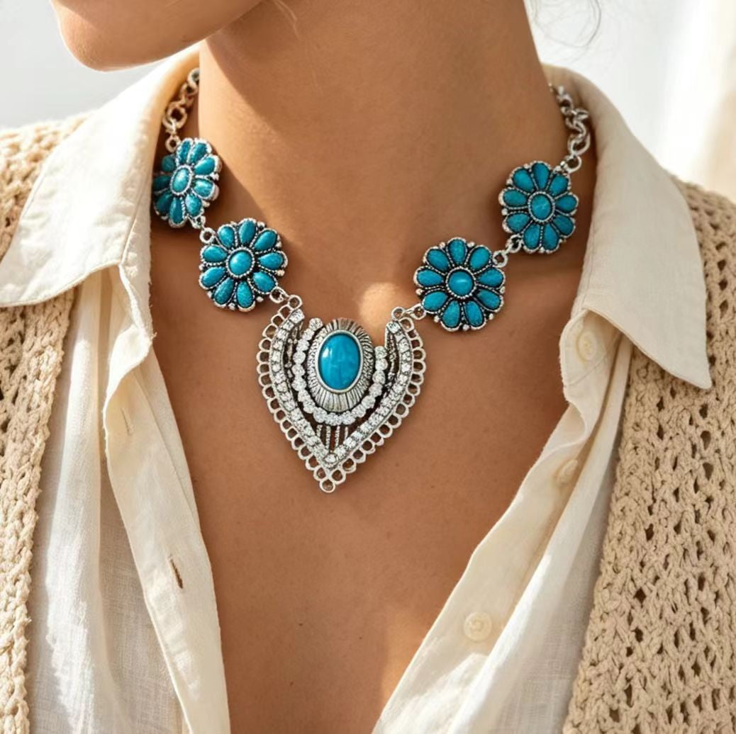 Boho Turquoise Floral Statement Necklace