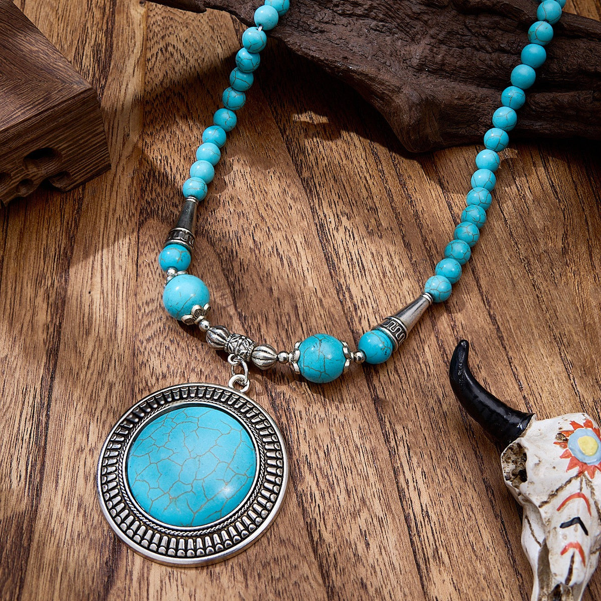 Boho Vintage Turquoise Medallion Necklace