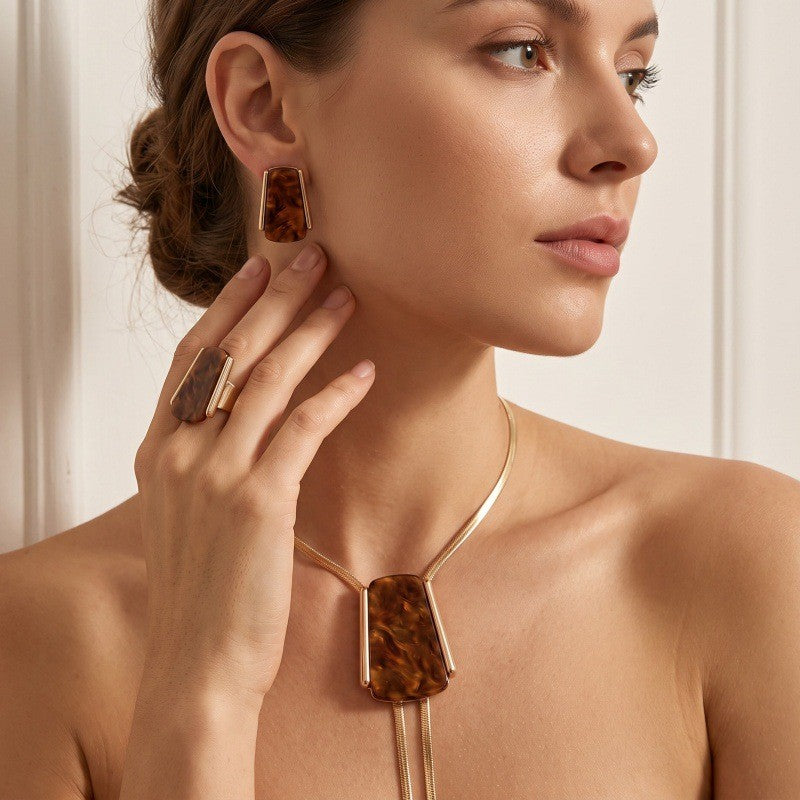 Classy Amber Geometric Lariat Necklace, Earring & Ring Set