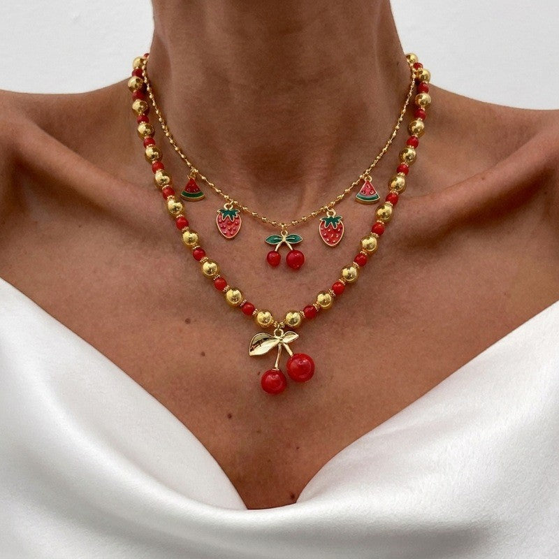 Playful Red Fruit Beaded Layered Necklace