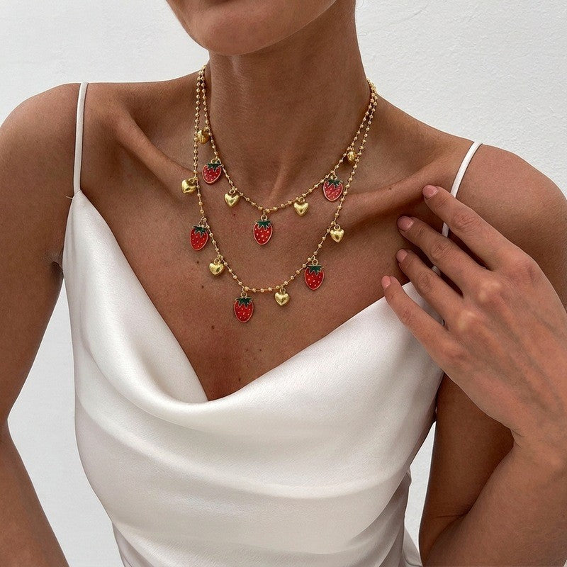Playful Red Fruit Beaded Layered Necklace
