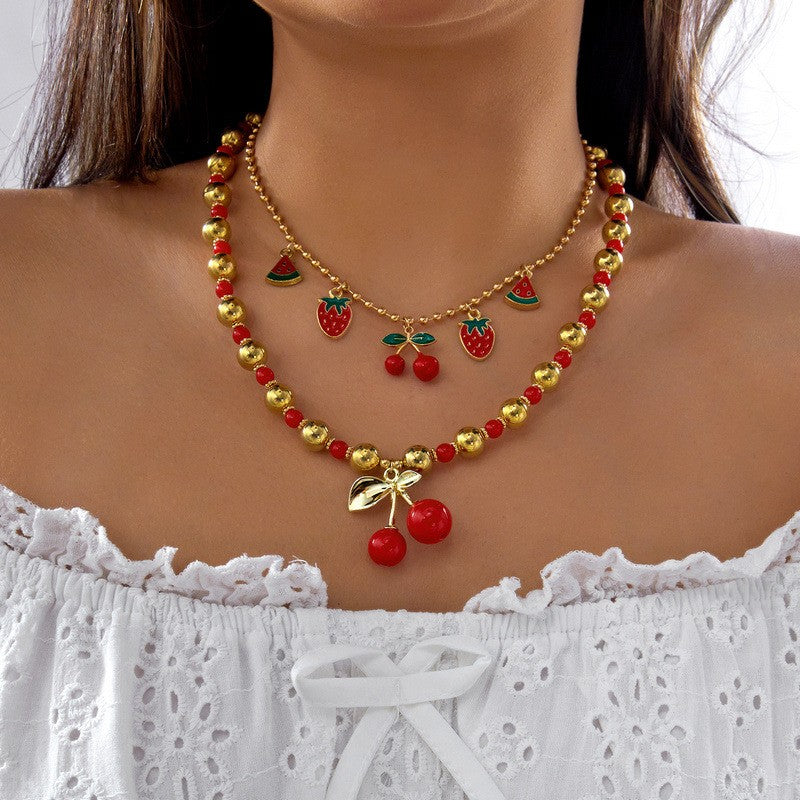 Playful Red Fruit Beaded Layered Necklace