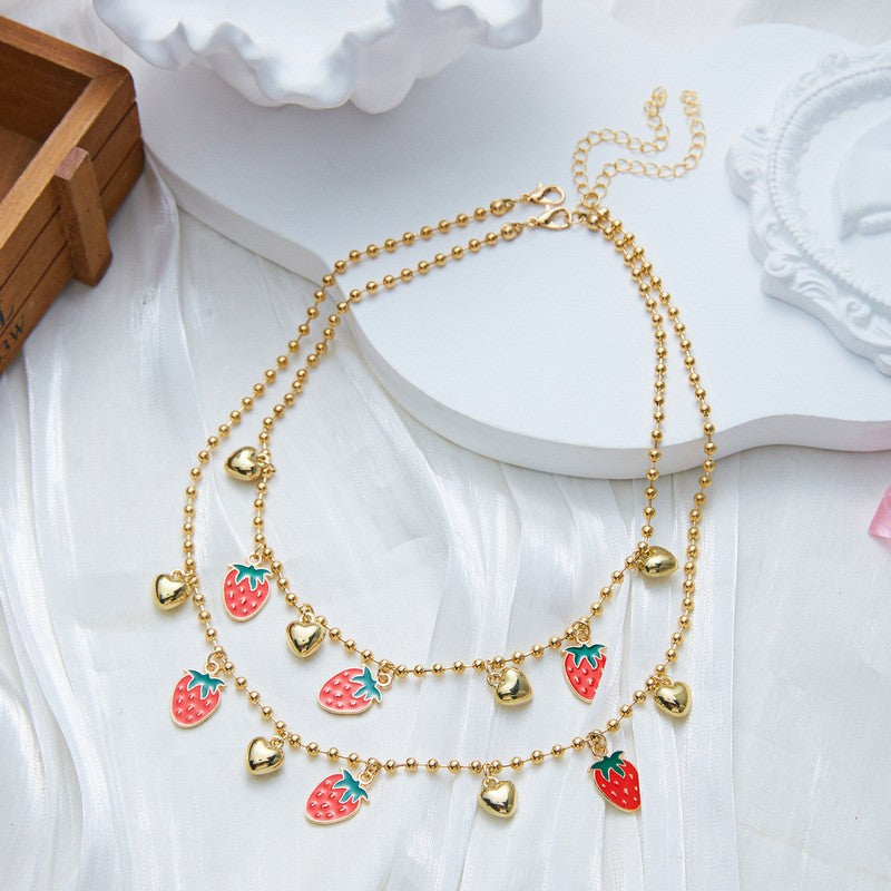 Playful Red Fruit Beaded Layered Necklace