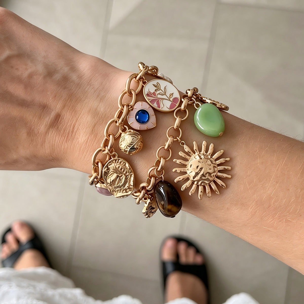 Boho Enamel Sun & Evil Eye Charm Bracelet