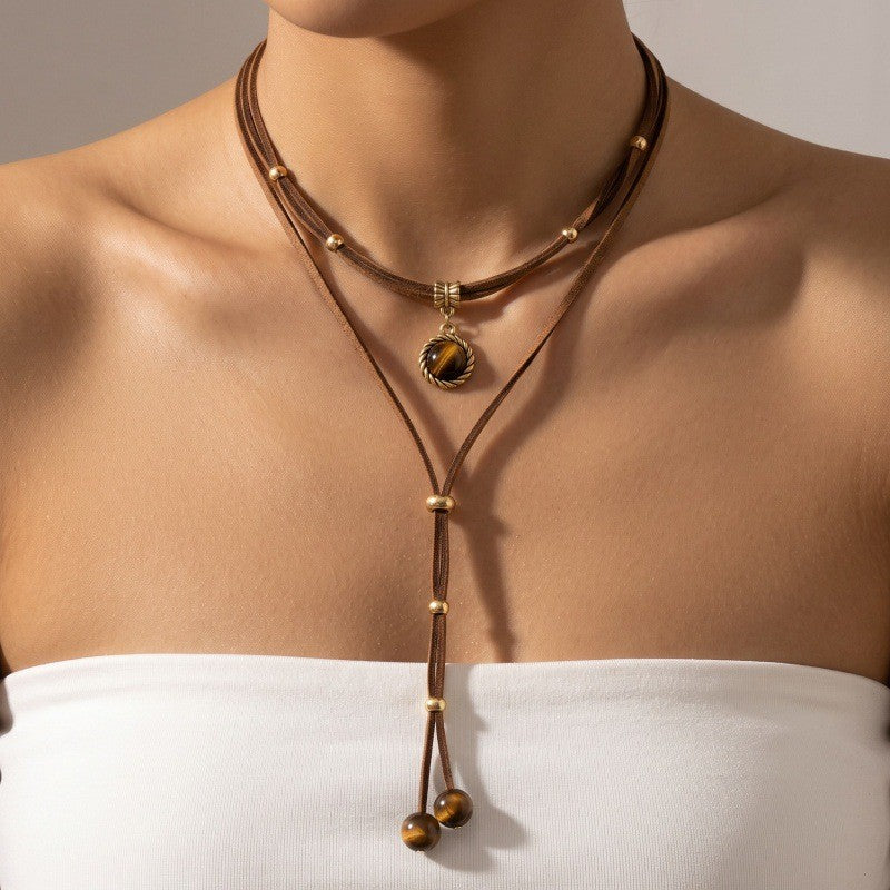 Boho Brown Cord Tiger Eye Y-Necklace