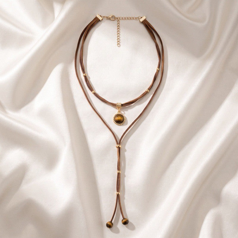 Boho Brown Cord Tiger Eye Y-Necklace