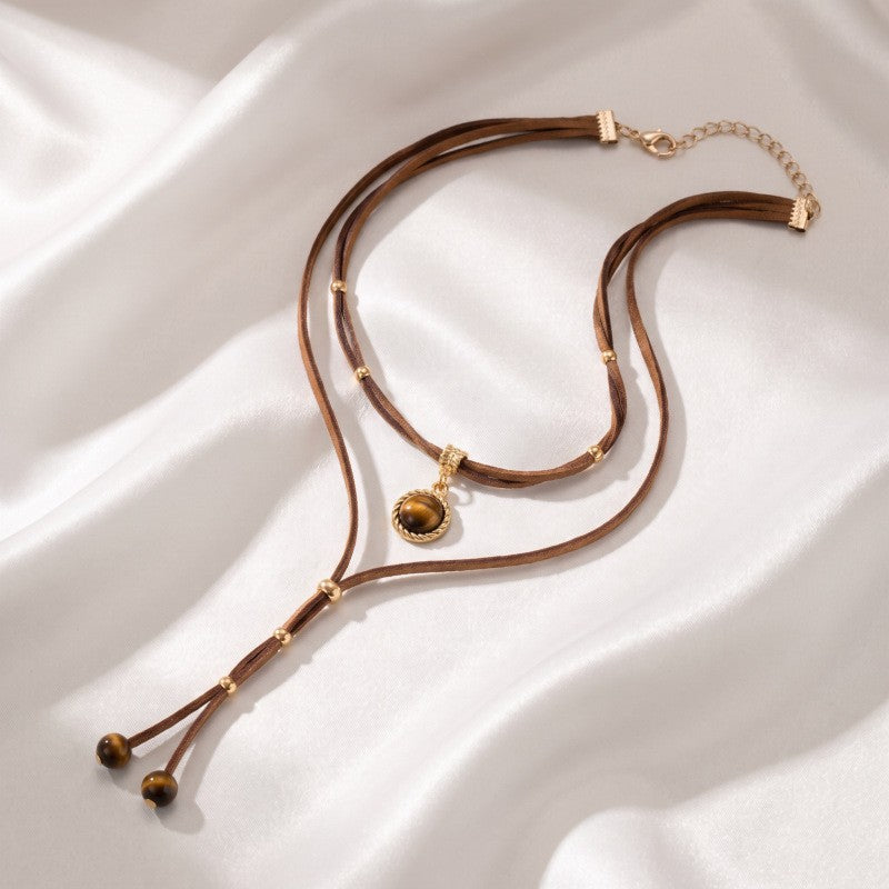 Boho Brown Cord Tiger Eye Y-Necklace