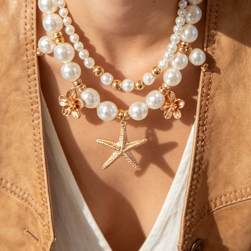 Romantic Layered Pearl Starfish Necklace