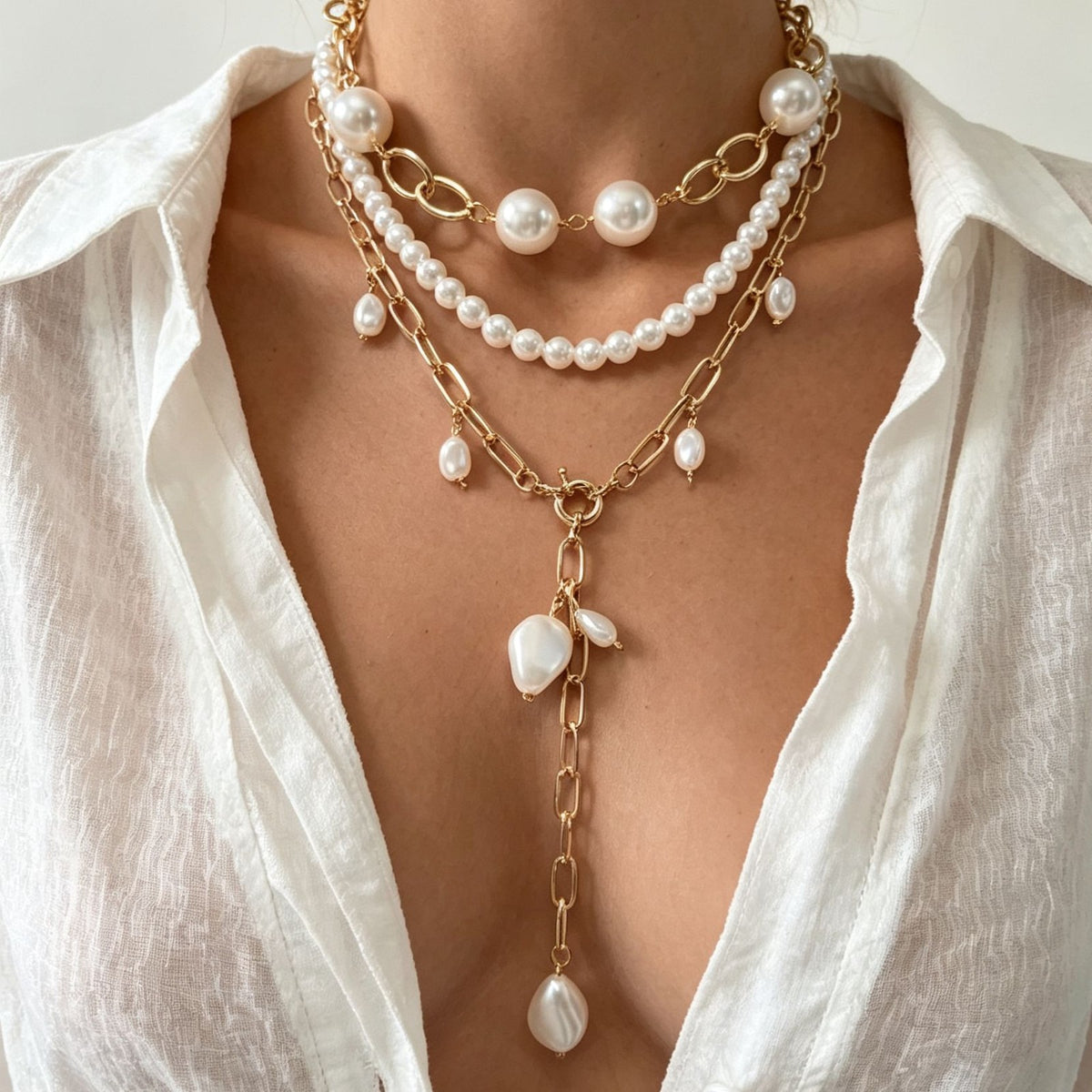 Classy Layered Pearl Lariat Necklace