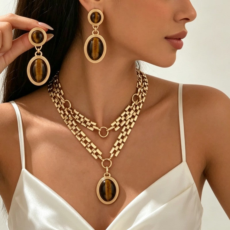 Vintage Tiger Eye Layered Necklace & Earring Set