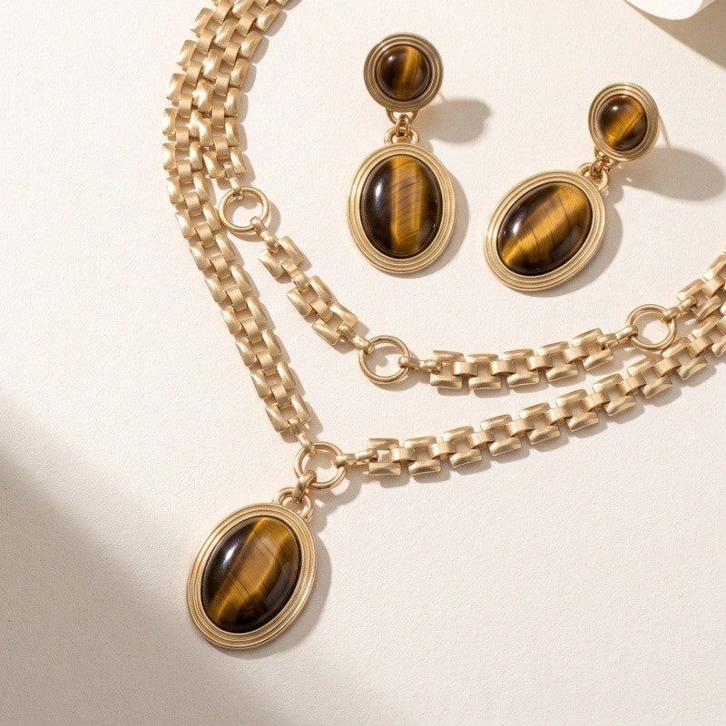 Vintage Tiger Eye Layered Necklace & Earring Set