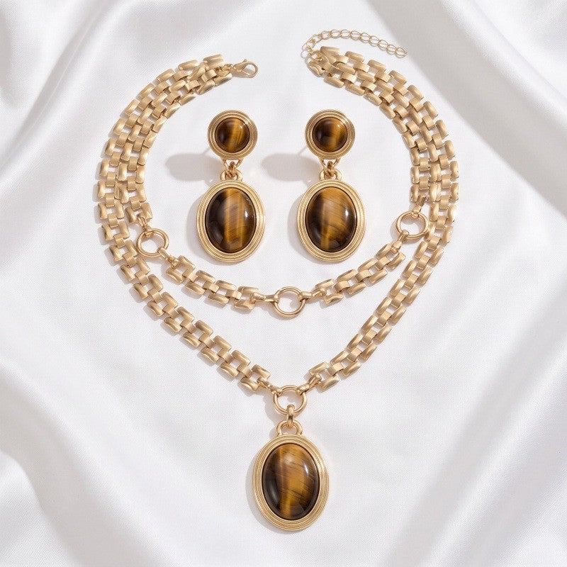 Vintage Tiger Eye Layered Necklace & Earring Set