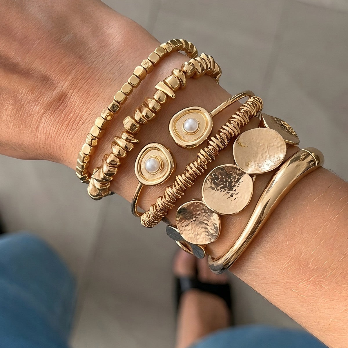 6pc Boho Hammered Disc & Beaded Bracelet Set