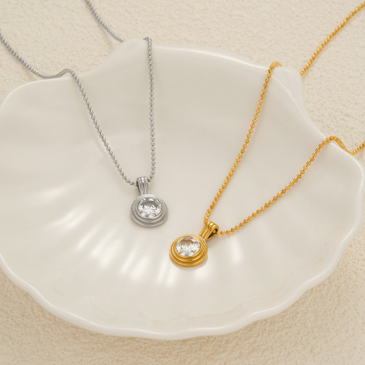 18k Dainty Layered Solitaire Bead Necklace
