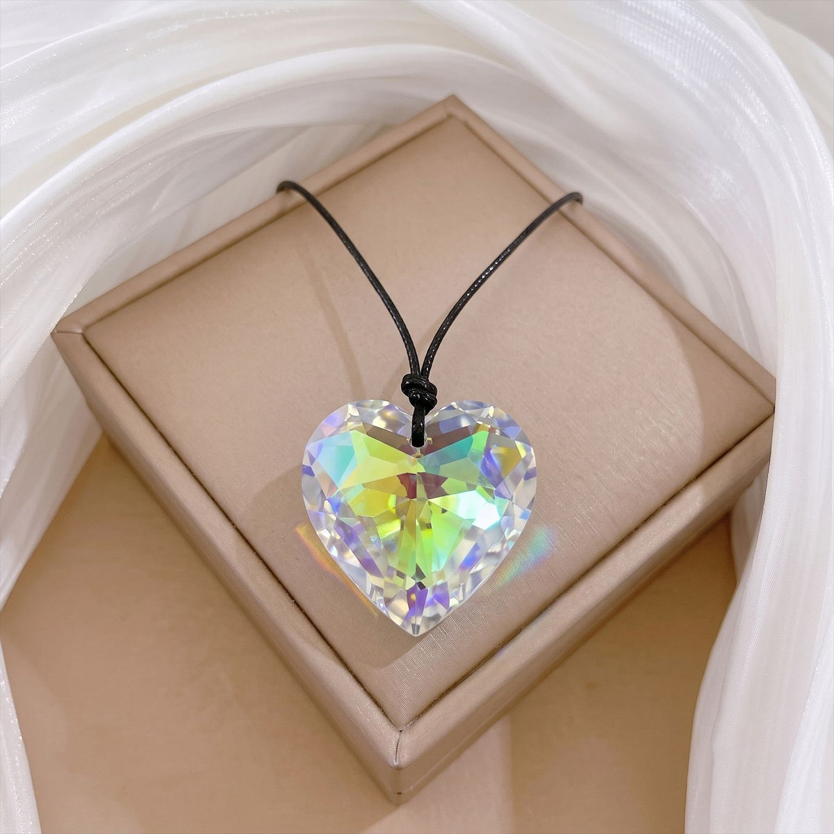 Romantic Large Crystal Heart Cord Necklace