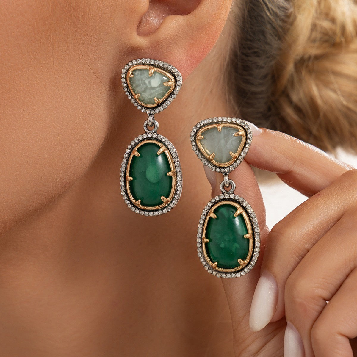 Classy Two-Tone Geometric Gemstone Drop Earrings