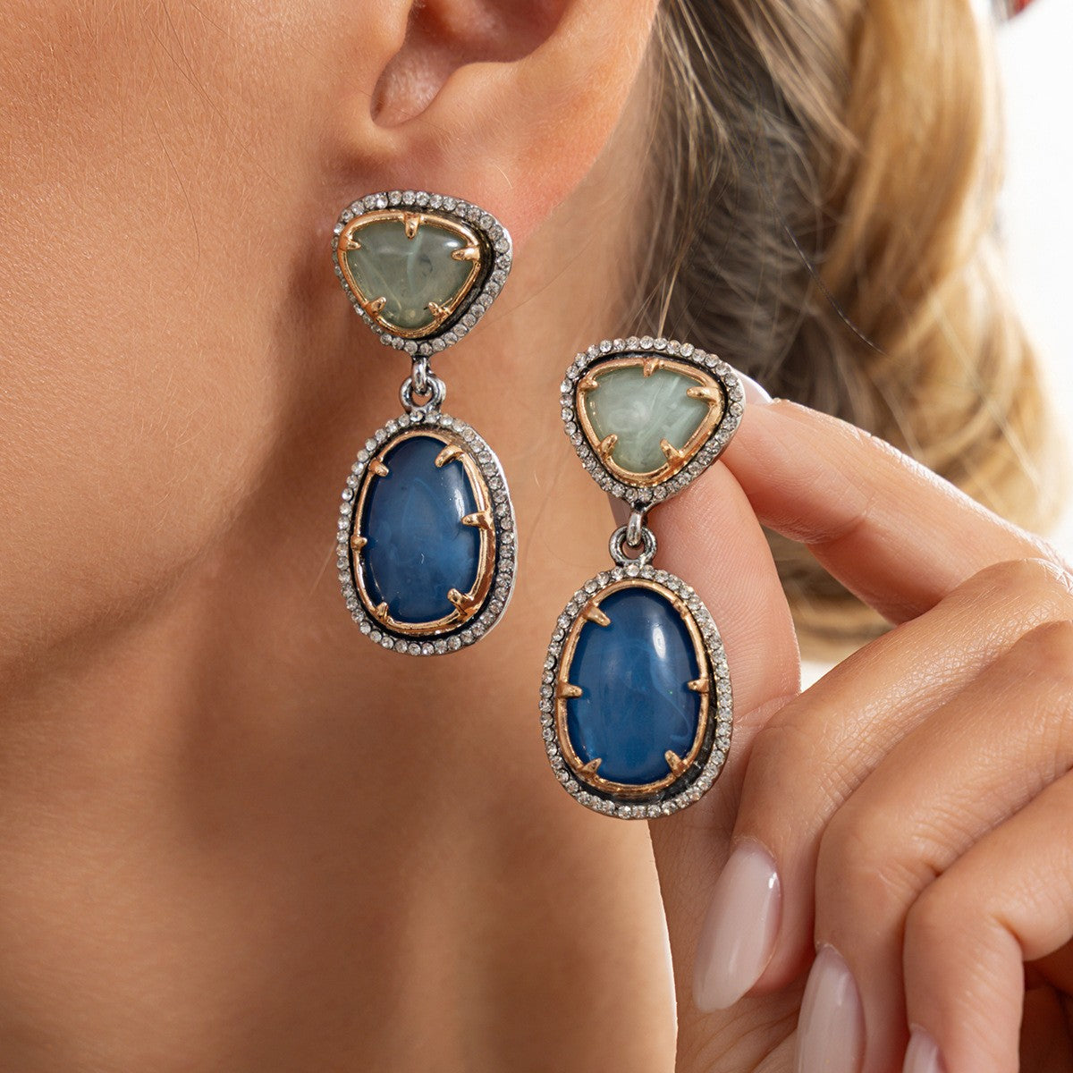 Classy Two-Tone Geometric Gemstone Drop Earrings