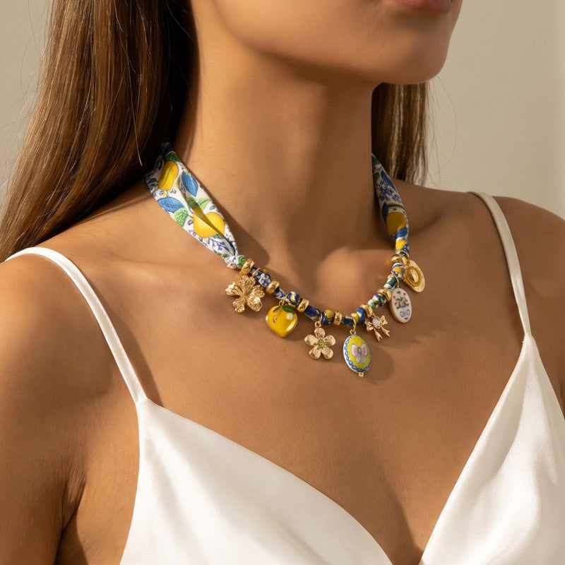 Boho Lemon Print Ribbon Charm Necklace