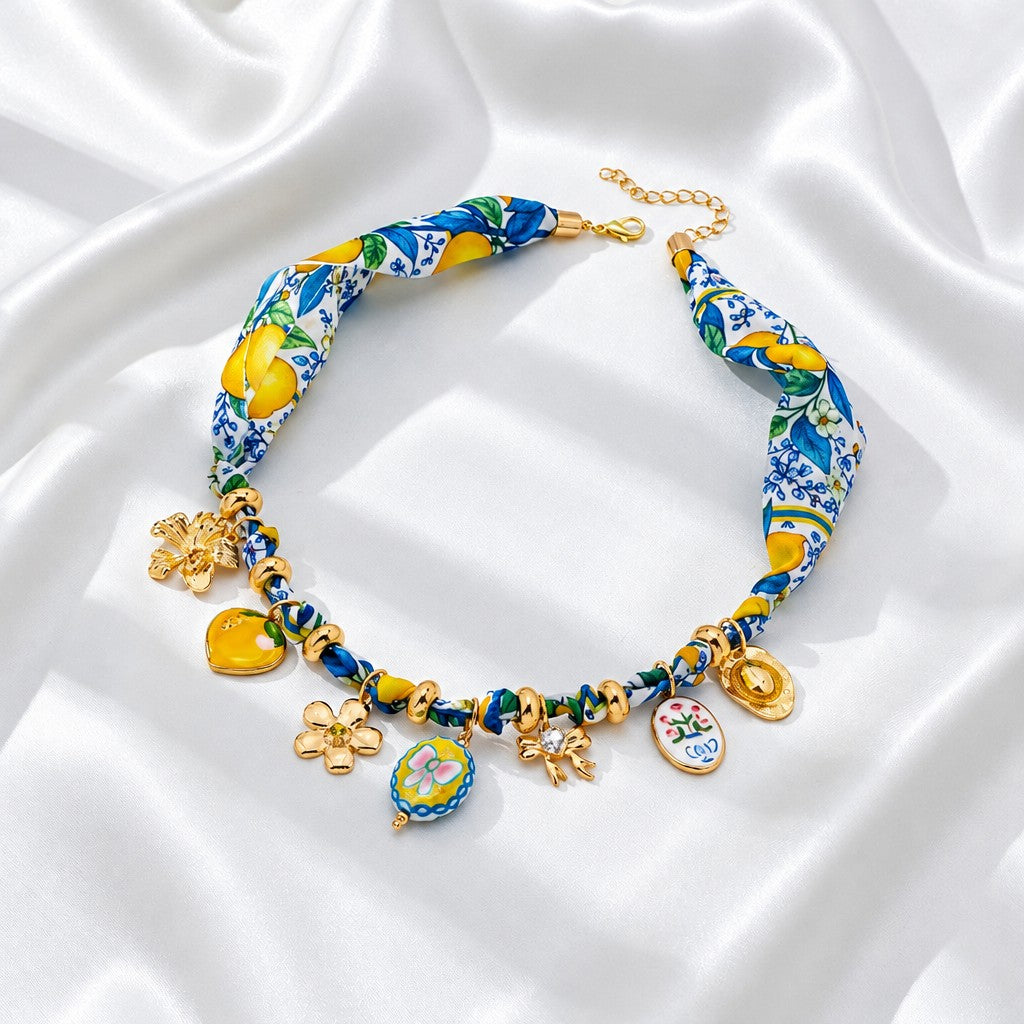 Boho Lemon Print Ribbon Charm Necklace