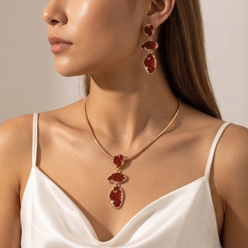 Classy Wine Red Enamel Necklace & Earring Set