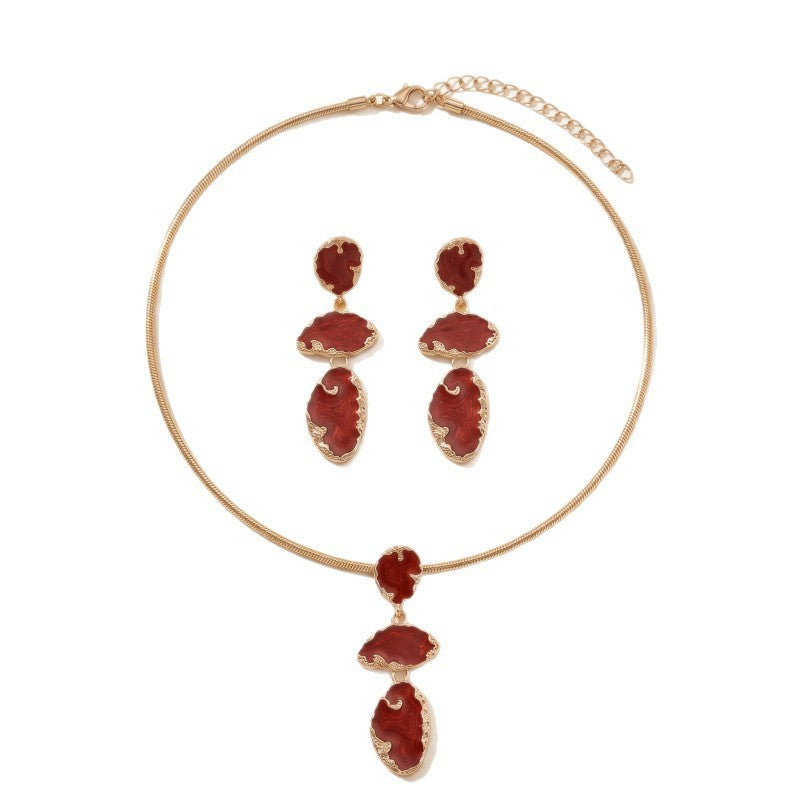 Classy Wine Red Enamel Necklace & Earring Set