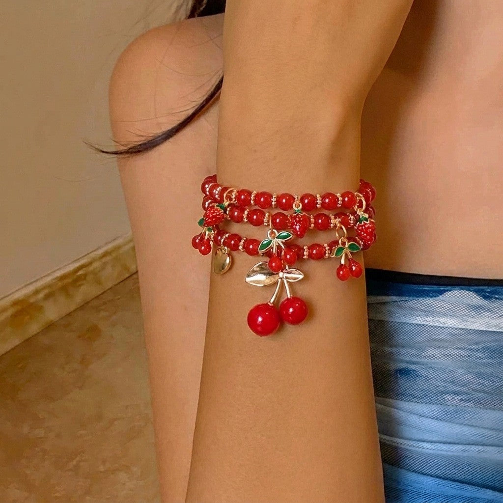 Romantic Red Cherry Beaded Bracelet Set