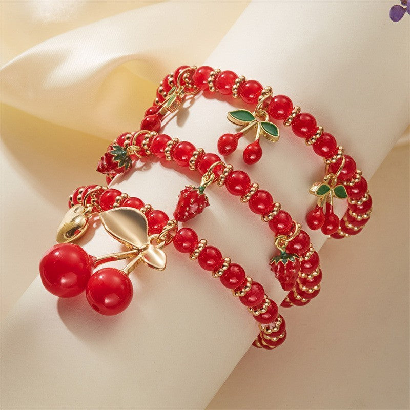 Romantic Red Cherry Beaded Bracelet Set