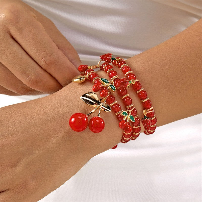 Romantic Red Cherry Beaded Bracelet Set