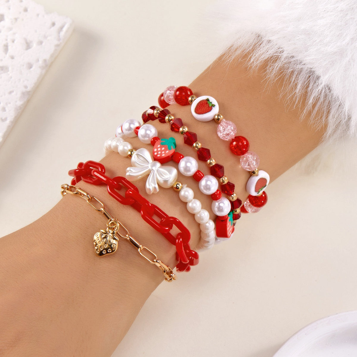 Romantic Red Cherry Beaded Bracelet Set