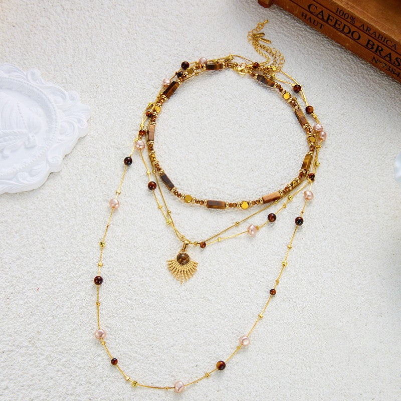 Boho Layered Sun & Oval Pendant Necklace