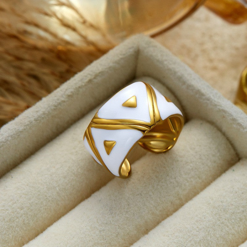 Classy White Enamel Geometric Heart Ring Set