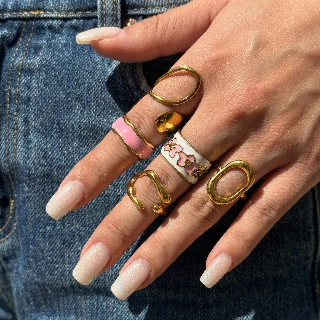 Classy Pink Enamel Floral Ring Set