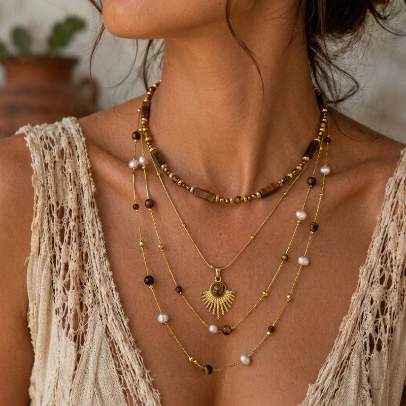Boho Layered Tiger Eye Sun Necklace
