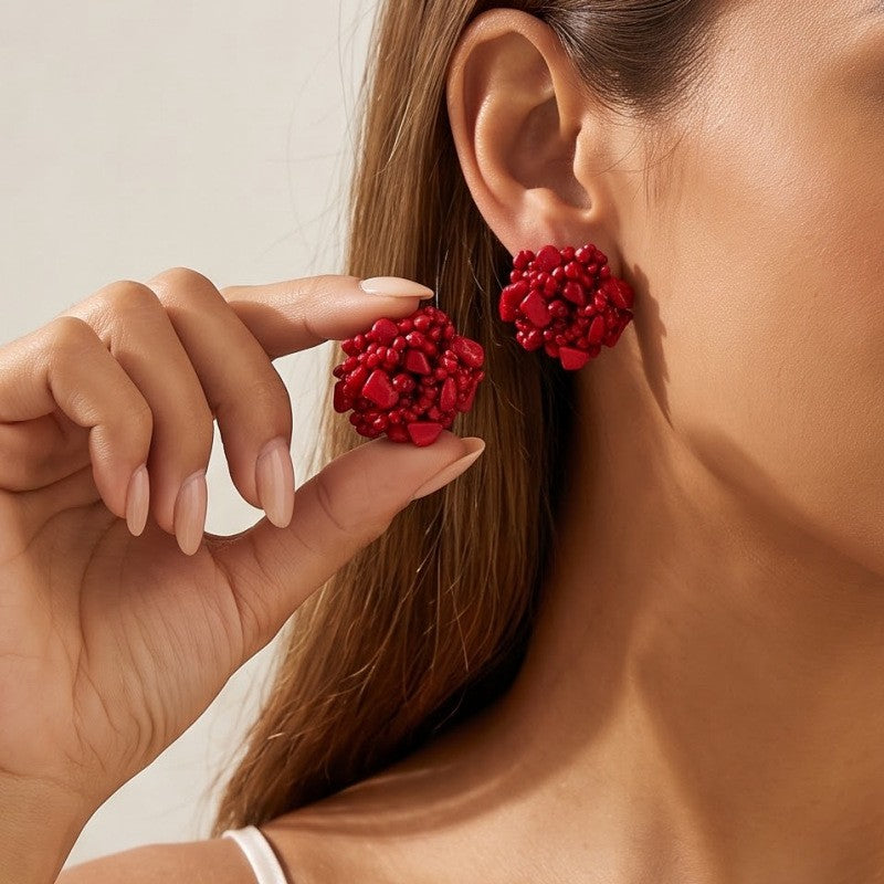 Romantic Red Beaded Flower Cluster Stud Earrings