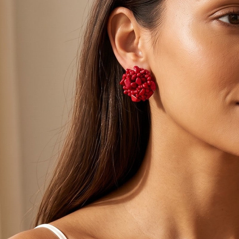 Romantic Red Beaded Flower Cluster Stud Earrings