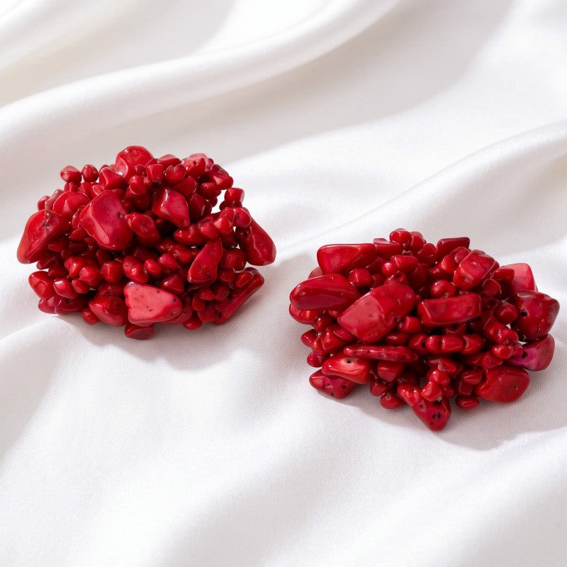 Romantic Red Beaded Flower Cluster Stud Earrings