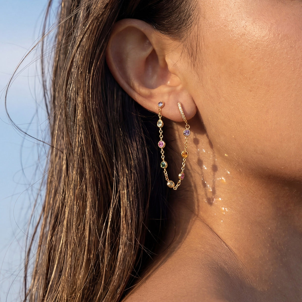 18k Dainty Multicolor CZ Chain Earrings