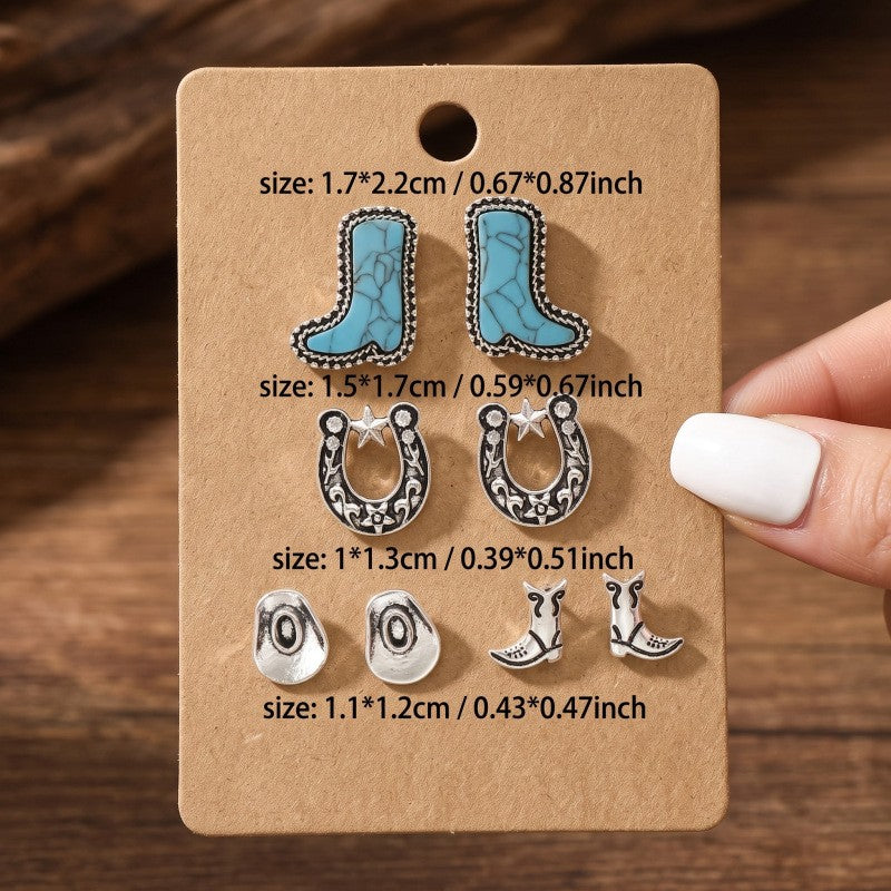 Vintage Turquoise Cowboy Boot & Horseshoe Stud Earring Set